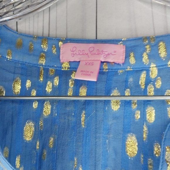 Lilly Pulitzer Colby True Blue Gold Dot Jacquard Metallic Blouse Top Size XXS - Picture 5 of 10